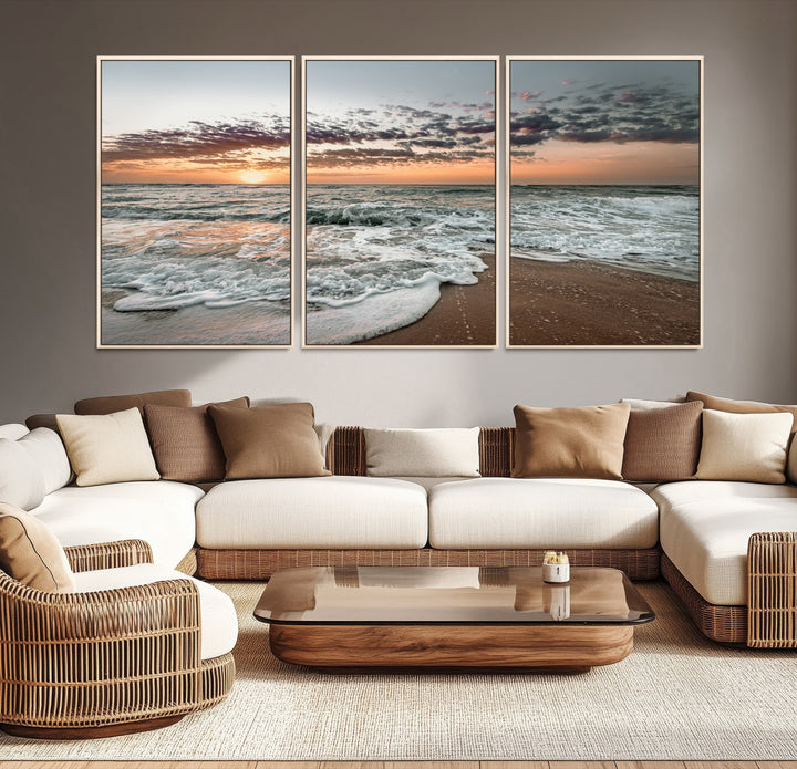 40632752-MGV-CV-36X24-Ocean Sunset Wall Art Canvas Print, Beach Waves Print, Framed Coastal Scene Art Print, Large Seascape Printing Perfect for Coastal Decor