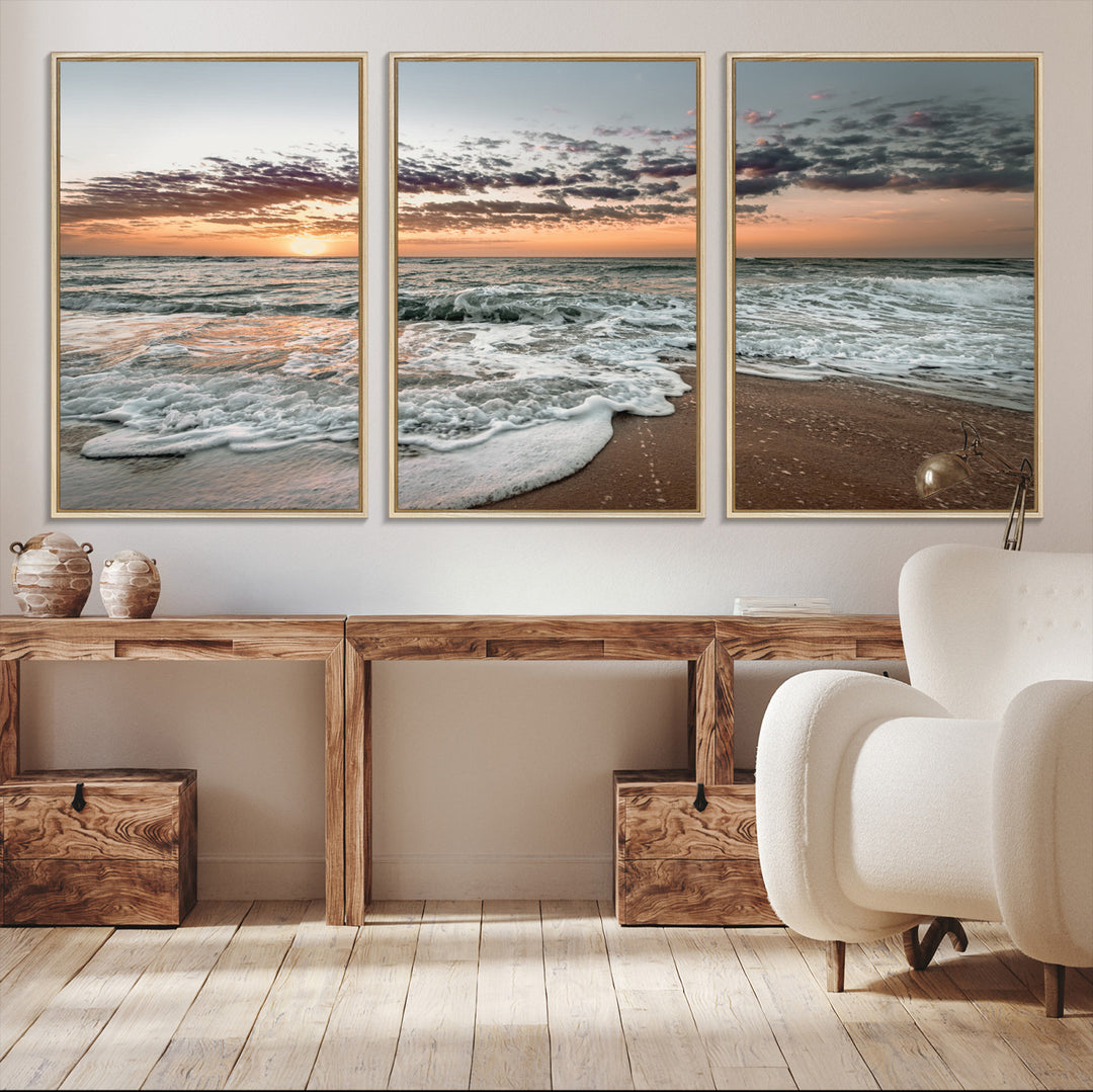 40632752-MGV-CV-36X24-Ocean Sunset Wall Art Canvas Print, Beach Waves Print, Framed Coastal Scene Art Print, Large Seascape Printing Perfect for Coastal Decor