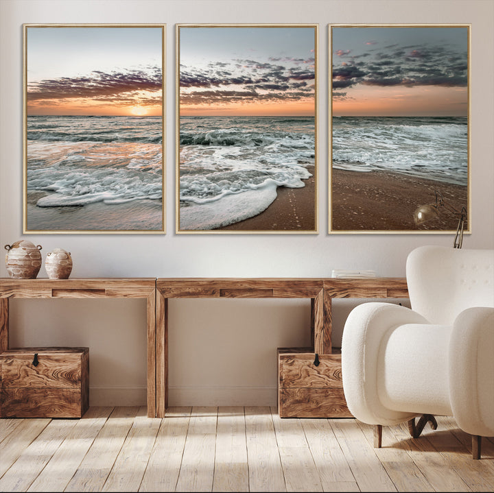 40632752-MGV-CV-36X24-Ocean Sunset Wall Art Canvas Print, Beach Waves Print, Framed Coastal Scene Art Print, Large Seascape Printing Perfect for Coastal Decor