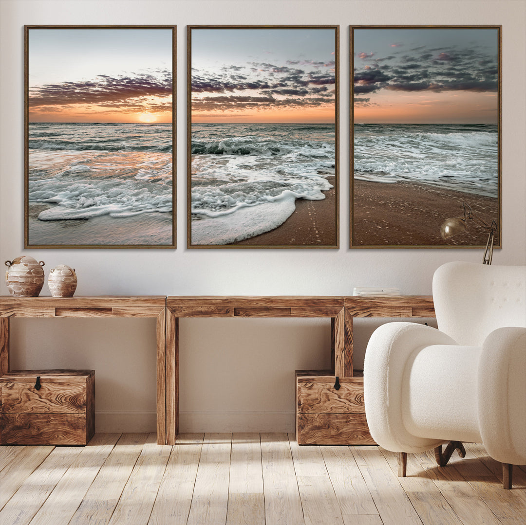 40632752-MGV-CV-36X24-Ocean Sunset Wall Art Canvas Print, Beach Waves Print, Framed Coastal Scene Art Print, Large Seascape Printing Perfect for Coastal Decor