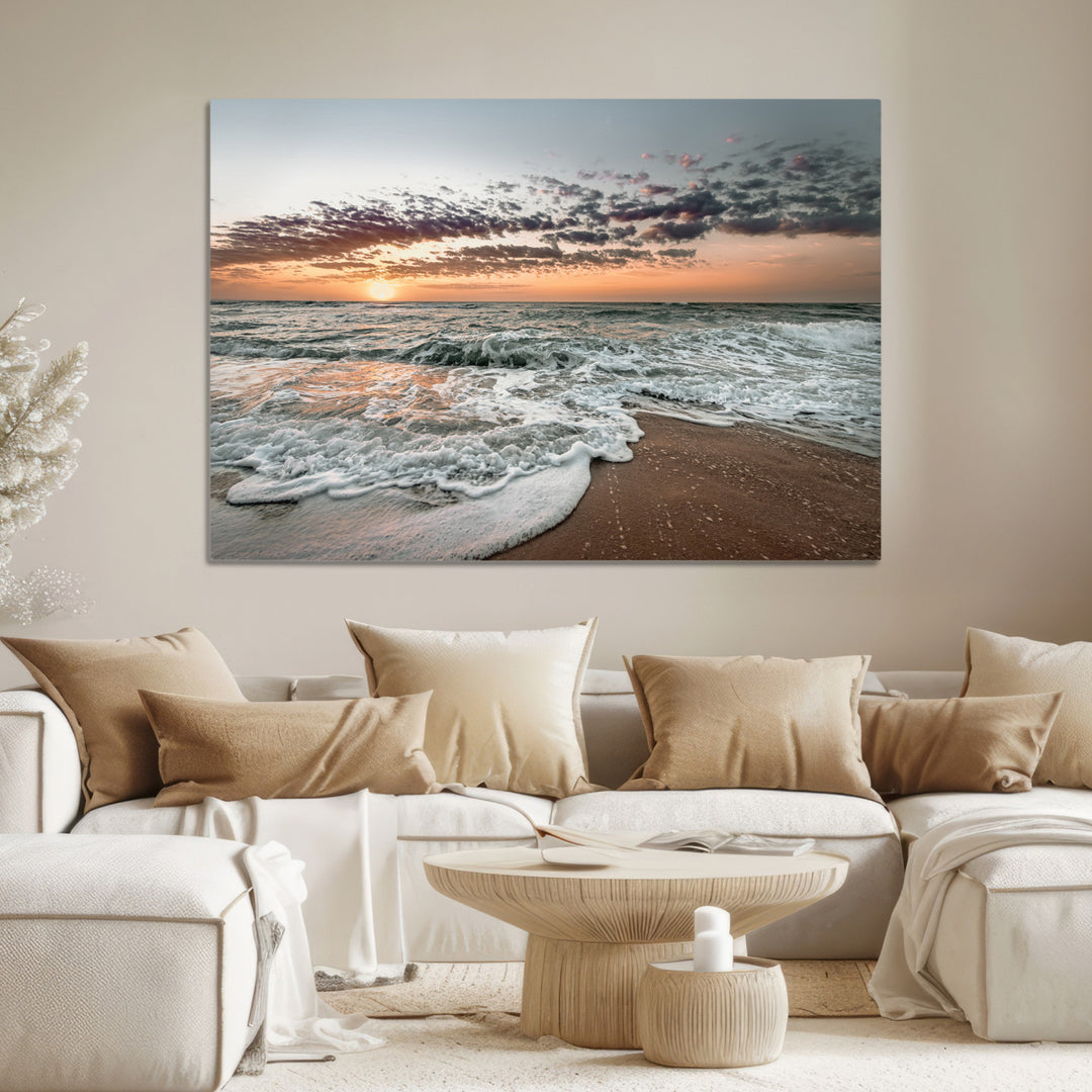 Ocean Sunset Wall Art Canvas Print, Beach Waves Print, Framed Coastal Scene Art Print, Large Seascape Printing Perfect for Coastal Decor