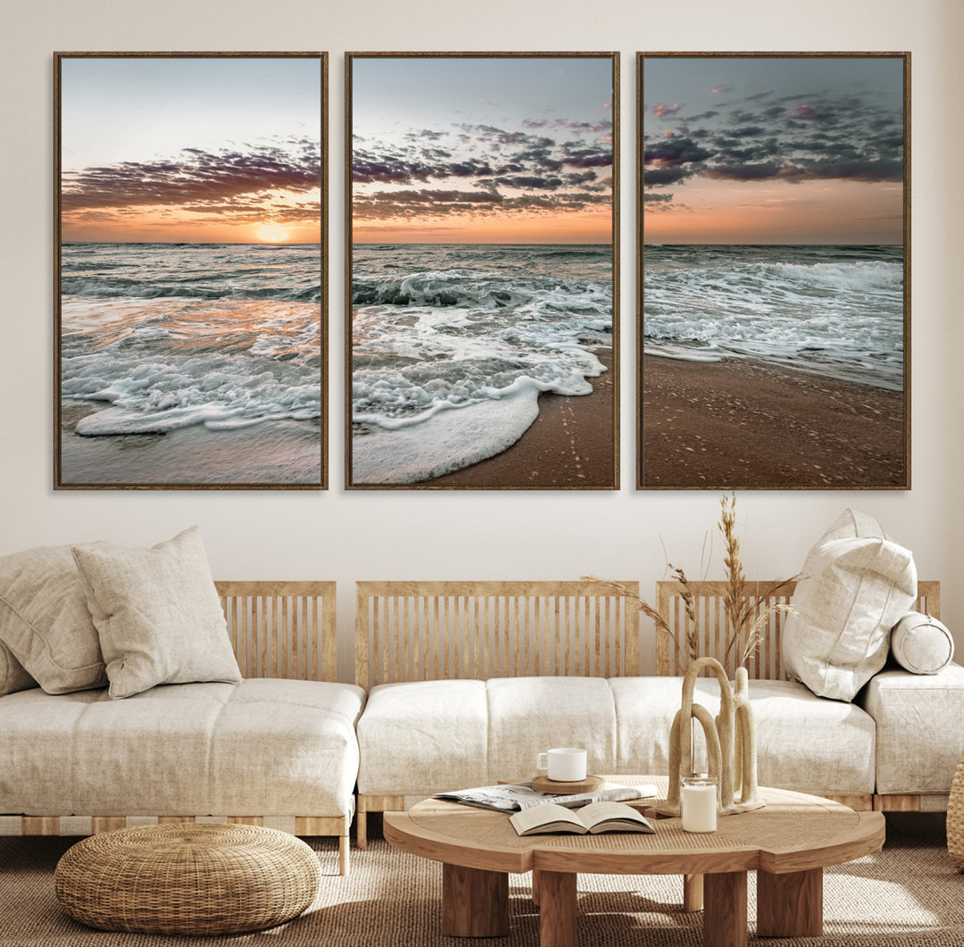 40632752-MGV-CV-36X24-Ocean Sunset Wall Art Canvas Print, Beach Waves Print, Framed Coastal Scene Art Print, Large Seascape Printing Perfect for Coastal Decor