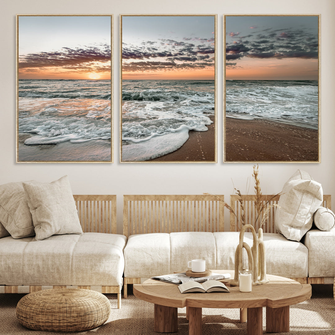 40632752-MGV-CV-36X24-Ocean Sunset Wall Art Canvas Print, Beach Waves Print, Framed Coastal Scene Art Print, Large Seascape Printing Perfect for Coastal Decor