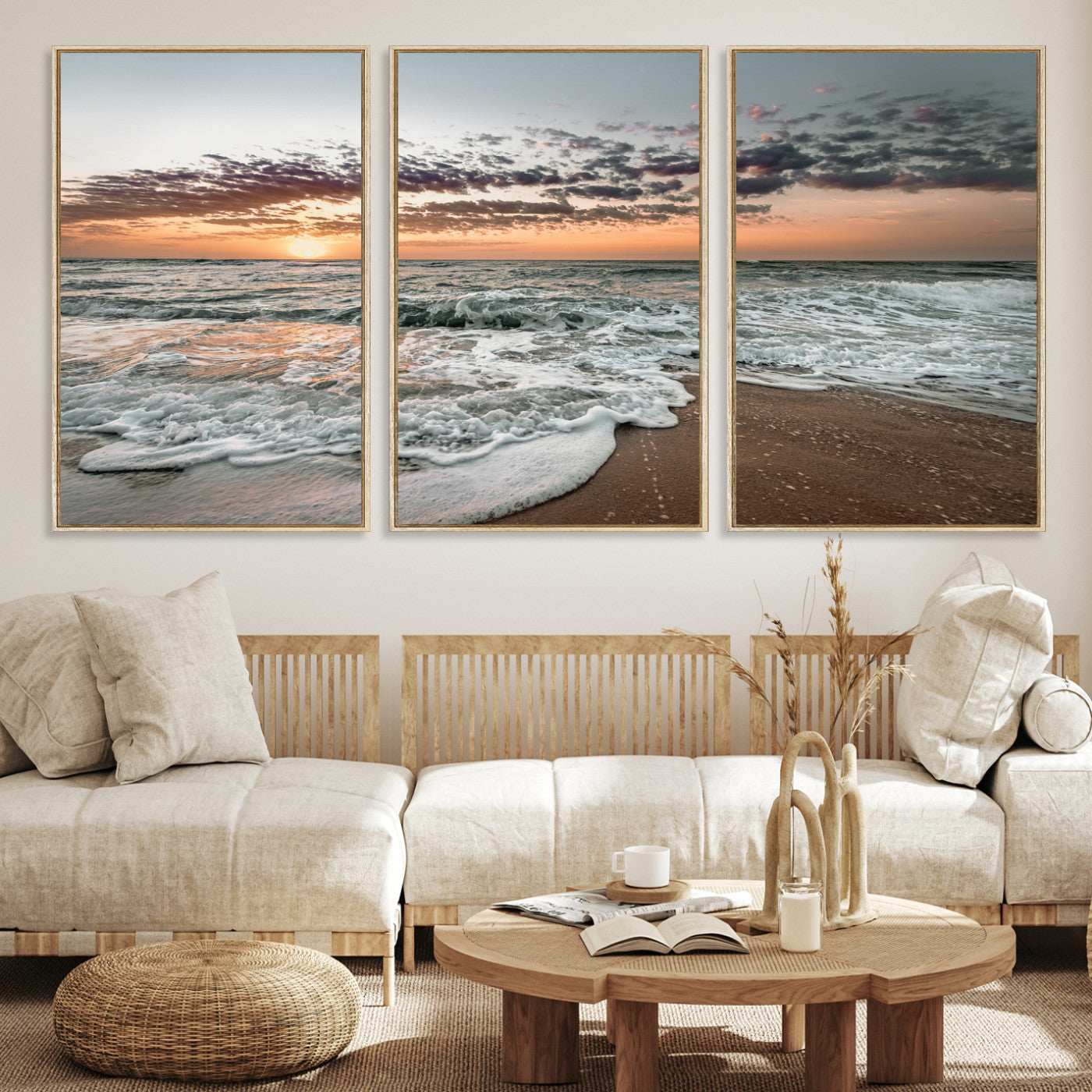 40632752-MGV-CV-36X24-Ocean Sunset Wall Art Canvas Print, Beach Waves Print, Framed Coastal Scene Art Print, Large Seascape Printing Perfect for Coastal Decor