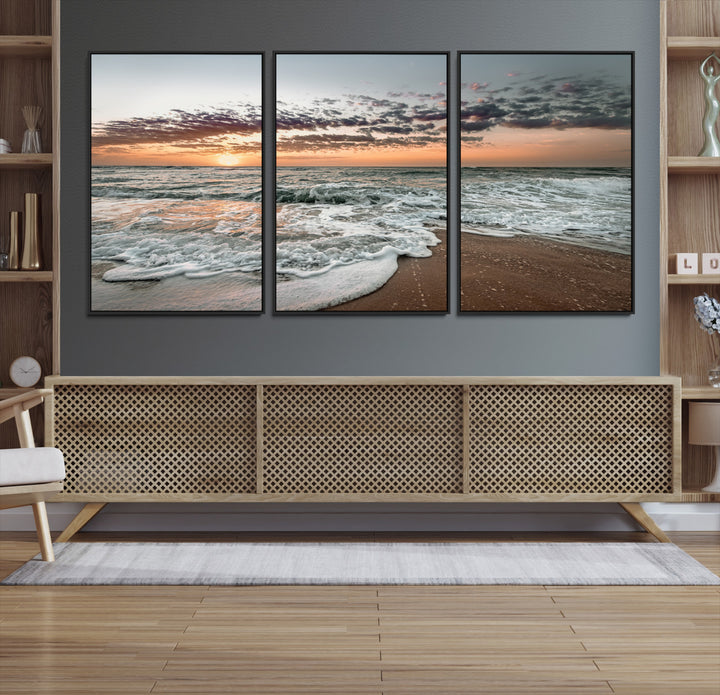 40632752-MGV-CV-36X24-Ocean Sunset Wall Art Canvas Print, Beach Waves Print, Framed Coastal Scene Art Print, Large Seascape Printing Perfect for Coastal Decor