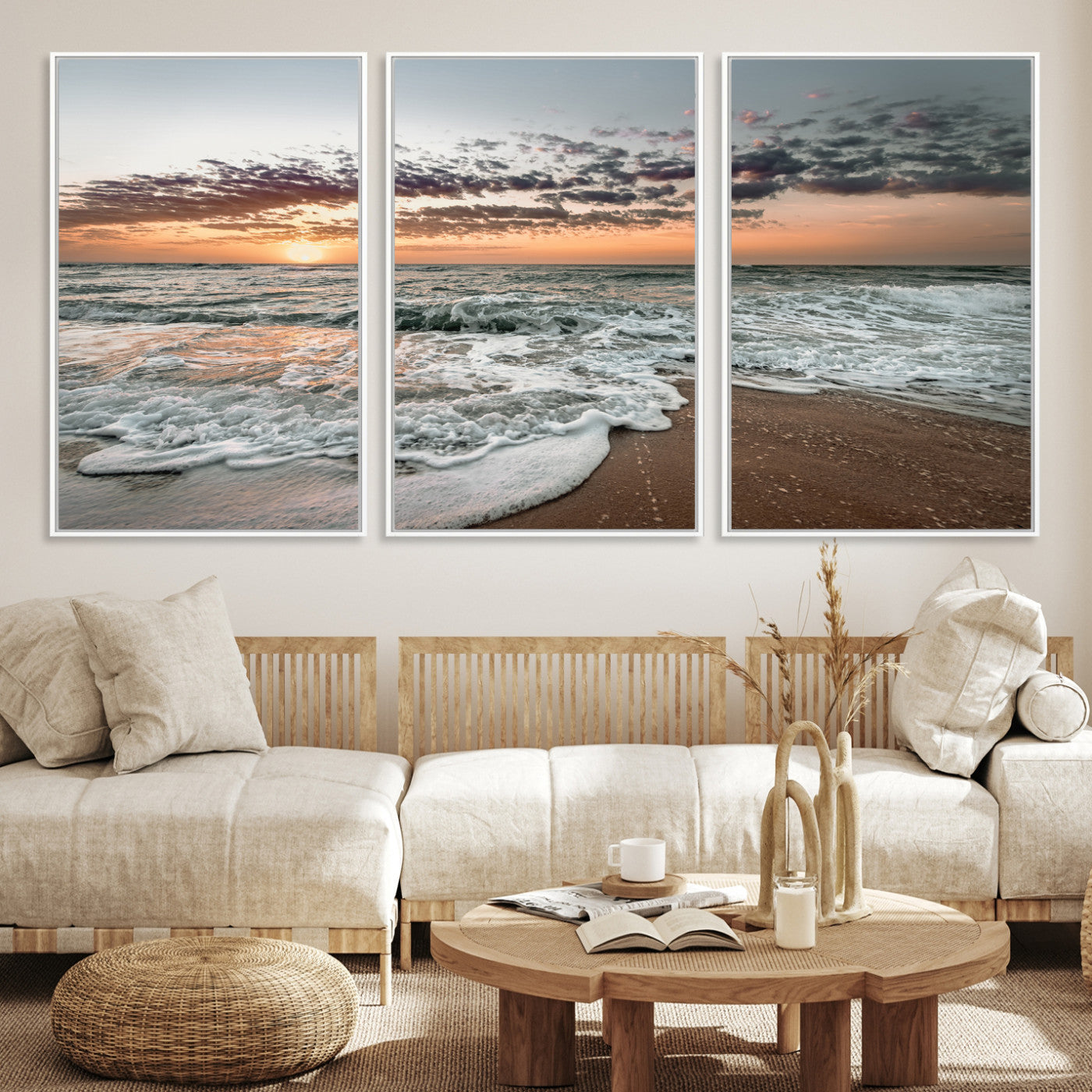 40632752-MGV-CV-36X24-Ocean Sunset Wall Art Canvas Print, Beach Waves Print, Framed Coastal Scene Art Print, Large Seascape Printing Perfect for Coastal Decor
