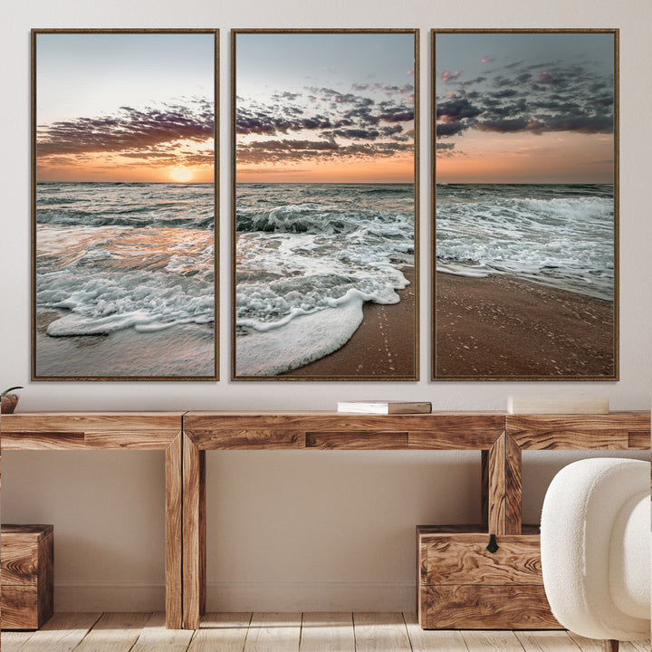 40632752-MGV-CV-36X24-Ocean Sunset Wall Art Canvas Print, Beach Waves Print, Framed Coastal Scene Art Print, Large Seascape Printing Perfect for Coastal Decor