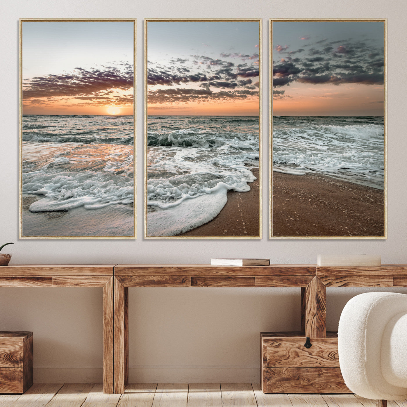40632752-MGV-CV-36X24-Ocean Sunset Wall Art Canvas Print, Beach Waves Print, Framed Coastal Scene Art Print, Large Seascape Printing Perfect for Coastal Decor
