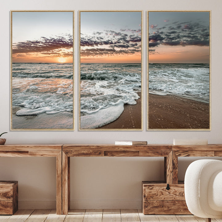 40632752-MGV-CV-36X24-Ocean Sunset Wall Art Canvas Print, Beach Waves Print, Framed Coastal Scene Art Print, Large Seascape Printing Perfect for Coastal Decor