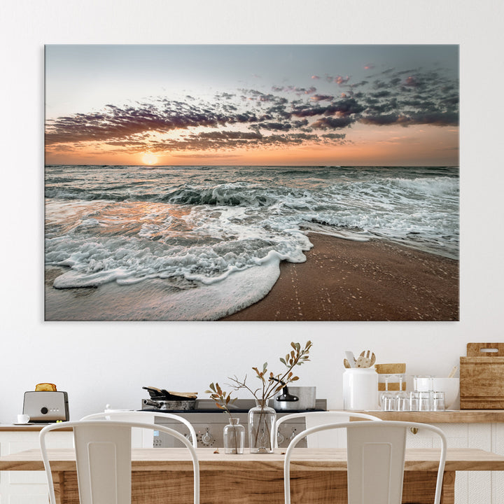 Ocean Sunset Wall Art Canvas Print, Beach Waves Print, Framed Coastal Scene Art Print, Large Seascape Printing Perfect for Coastal Decor