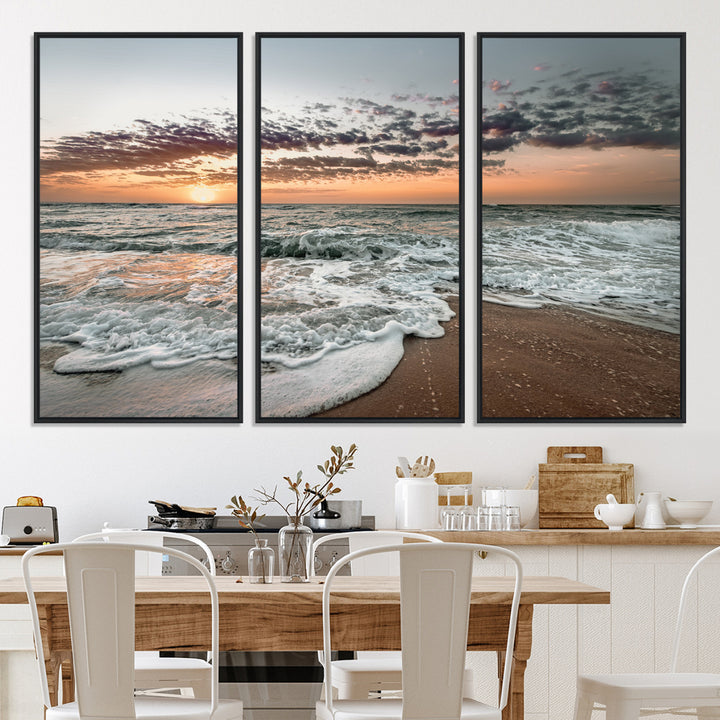 40632752-MGV-CV-36X24-Ocean Sunset Wall Art Canvas Print, Beach Waves Print, Framed Coastal Scene Art Print, Large Seascape Printing Perfect for Coastal Decor