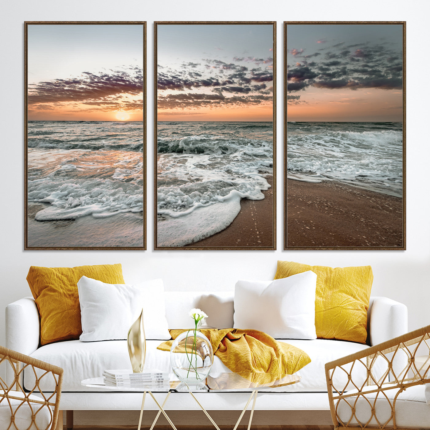 40632752-MGV-CV-36X24-Ocean Sunset Wall Art Canvas Print, Beach Waves Print, Framed Coastal Scene Art Print, Large Seascape Printing Perfect for Coastal Decor