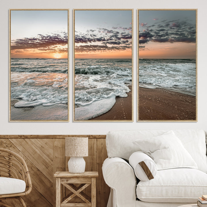 40632752-MGV-CV-36X24-Ocean Sunset Wall Art Canvas Print, Beach Waves Print, Framed Coastal Scene Art Print, Large Seascape Printing Perfect for Coastal Decor