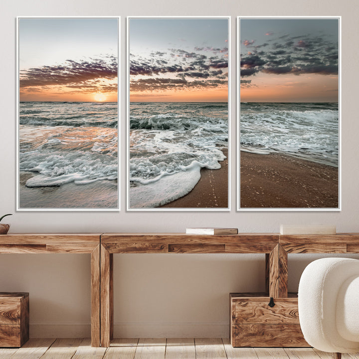 40632752-MGV-CV-36X24-Ocean Sunset Wall Art Canvas Print, Beach Waves Print, Framed Coastal Scene Art Print, Large Seascape Printing Perfect for Coastal Decor