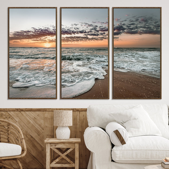 40632752-MGV-CV-36X24-Ocean Sunset Wall Art Canvas Print, Beach Waves Print, Framed Coastal Scene Art Print, Large Seascape Printing Perfect for Coastal Decor