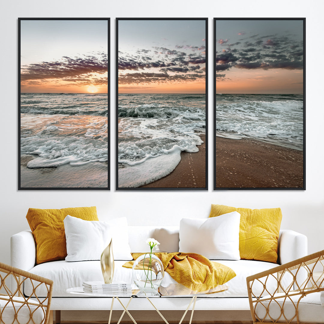 40632752-MGV-CV-36X24-Ocean Sunset Wall Art Canvas Print, Beach Waves Print, Framed Coastal Scene Art Print, Large Seascape Printing Perfect for Coastal Decor
