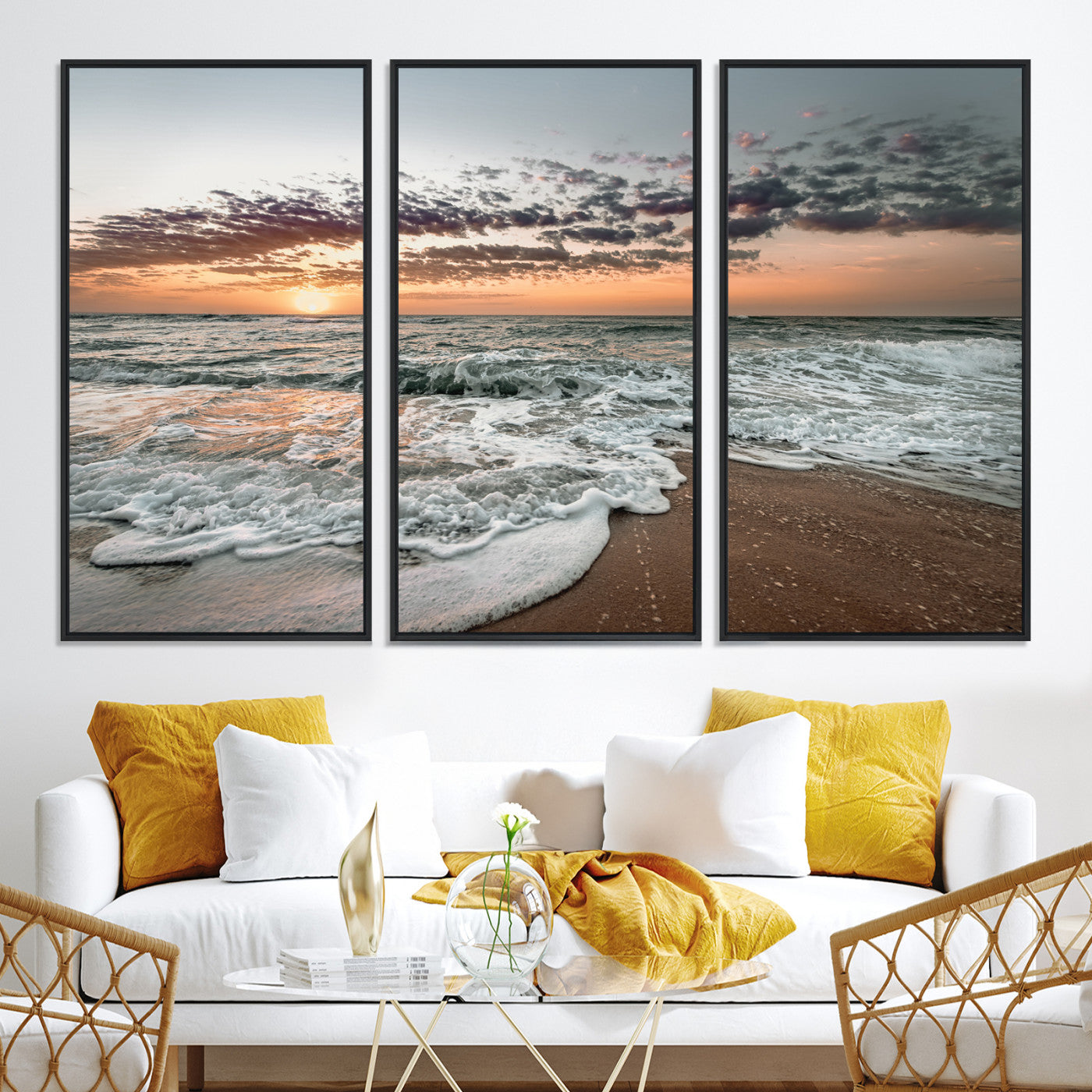 40632752-MGV-CV-36X24-Ocean Sunset Wall Art Canvas Print, Beach Waves Print, Framed Coastal Scene Art Print, Large Seascape Printing Perfect for Coastal Decor