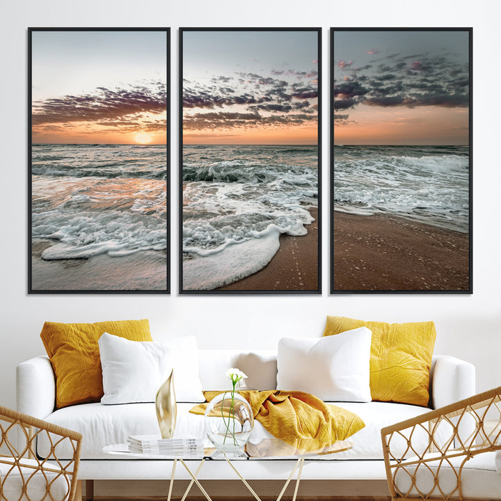 40632752-MGV-CV-36X24-Ocean Sunset Wall Art Canvas Print, Beach Waves Print, Framed Coastal Scene Art Print, Large Seascape Printing Perfect for Coastal Decor
