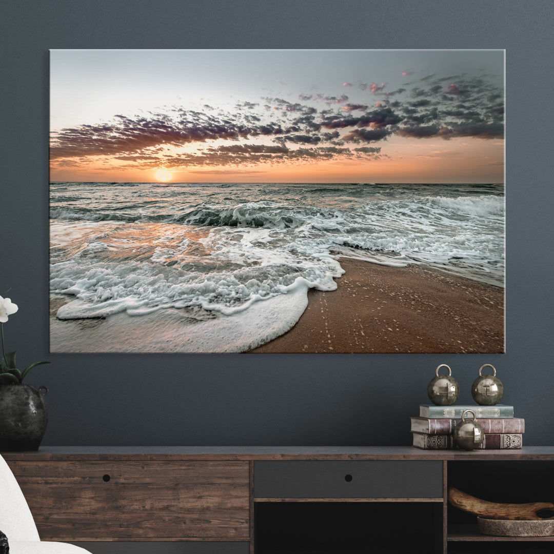 Ocean Sunset Wall Art Canvas Print, Beach Waves Print, Framed Coastal Scene Art Print, Large Seascape Printing Perfect for Coastal Decor