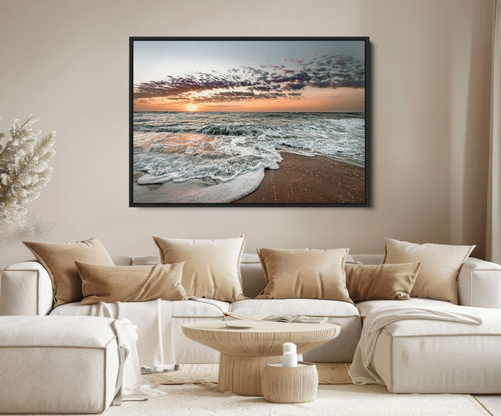 Ocean Sunset Wall Art Canvas Print, Beach Waves Print, Framed Coastal Scene Art Print, Large Seascape Printing Perfect for Coastal Decor