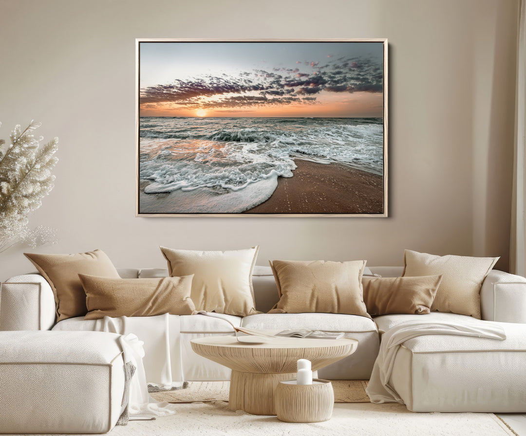 Ocean Sunset Wall Art Canvas Print, Beach Waves Print, Framed Coastal Scene Art Print, Large Seascape Printing Perfect for Coastal Decor