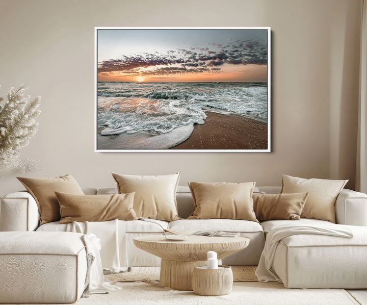 Ocean Sunset Wall Art Canvas Print, Beach Waves Print, Framed Coastal Scene Art Print, Large Seascape Printing Perfect for Coastal Decor