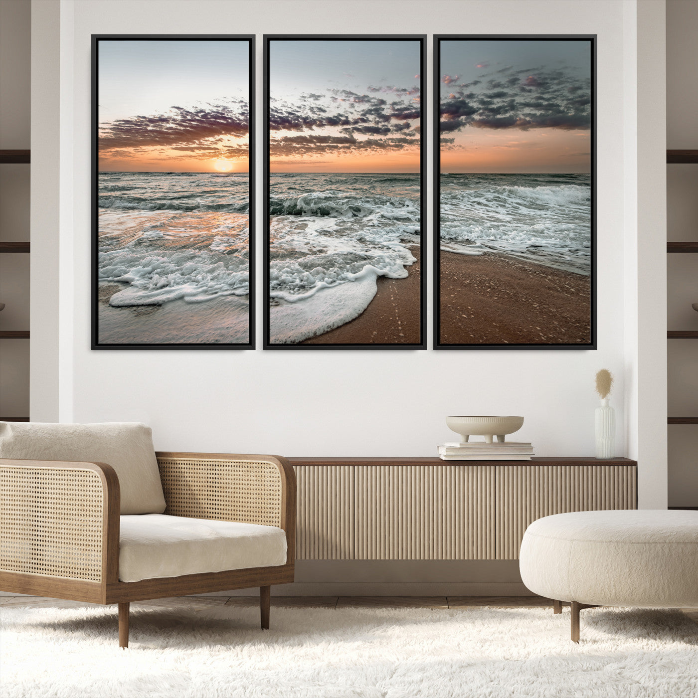 40632752-MGV-FC-48X32-3P_Black-Ocean Sunset Wall Art Canvas Print, Beach Waves Print, Framed Coastal Scene Art Print, Large Seascape Printing Perfect for Coastal Decor