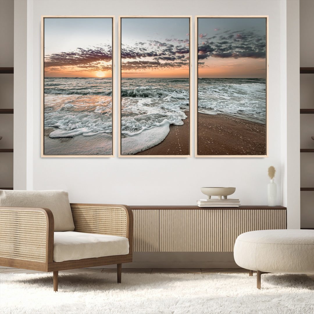 40632752-MGV-FC-48X32-3P_Natural-Ocean Sunset Wall Art Canvas Print, Beach Waves Print, Framed Coastal Scene Art Print, Large Seascape Printing Perfect for Coastal Decor