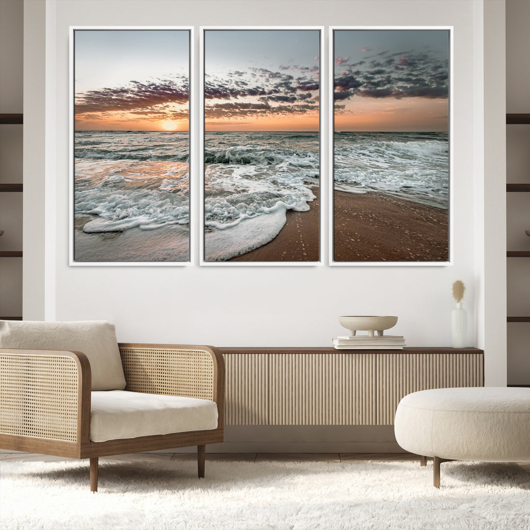 40632752-MGV-FC-48X32-3P_White-Ocean Sunset Wall Art Canvas Print, Beach Waves Print, Framed Coastal Scene Art Print, Large Seascape Printing Perfect for Coastal Decor