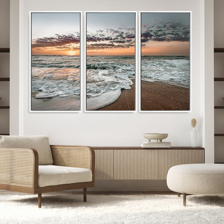 40632752-MGV-FC-48X32-3P_White-Ocean Sunset Wall Art Canvas Print, Beach Waves Print, Framed Coastal Scene Art Print, Large Seascape Printing Perfect for Coastal Decor