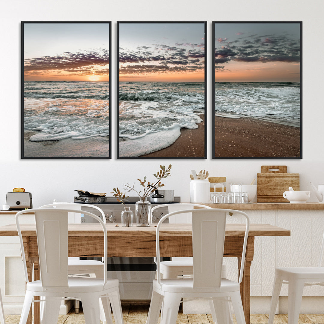 40632752-MGV-FC-60X30-3P_Black-Ocean Sunset Wall Art Canvas Print, Beach Waves Print, Framed Coastal Scene Art Print, Large Seascape Printing Perfect for Coastal Decor