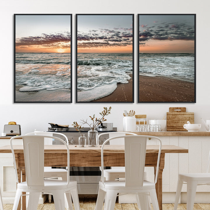 40632752-MGV-FC-60X30-3P_Black-Ocean Sunset Wall Art Canvas Print, Beach Waves Print, Framed Coastal Scene Art Print, Large Seascape Printing Perfect for Coastal Decor