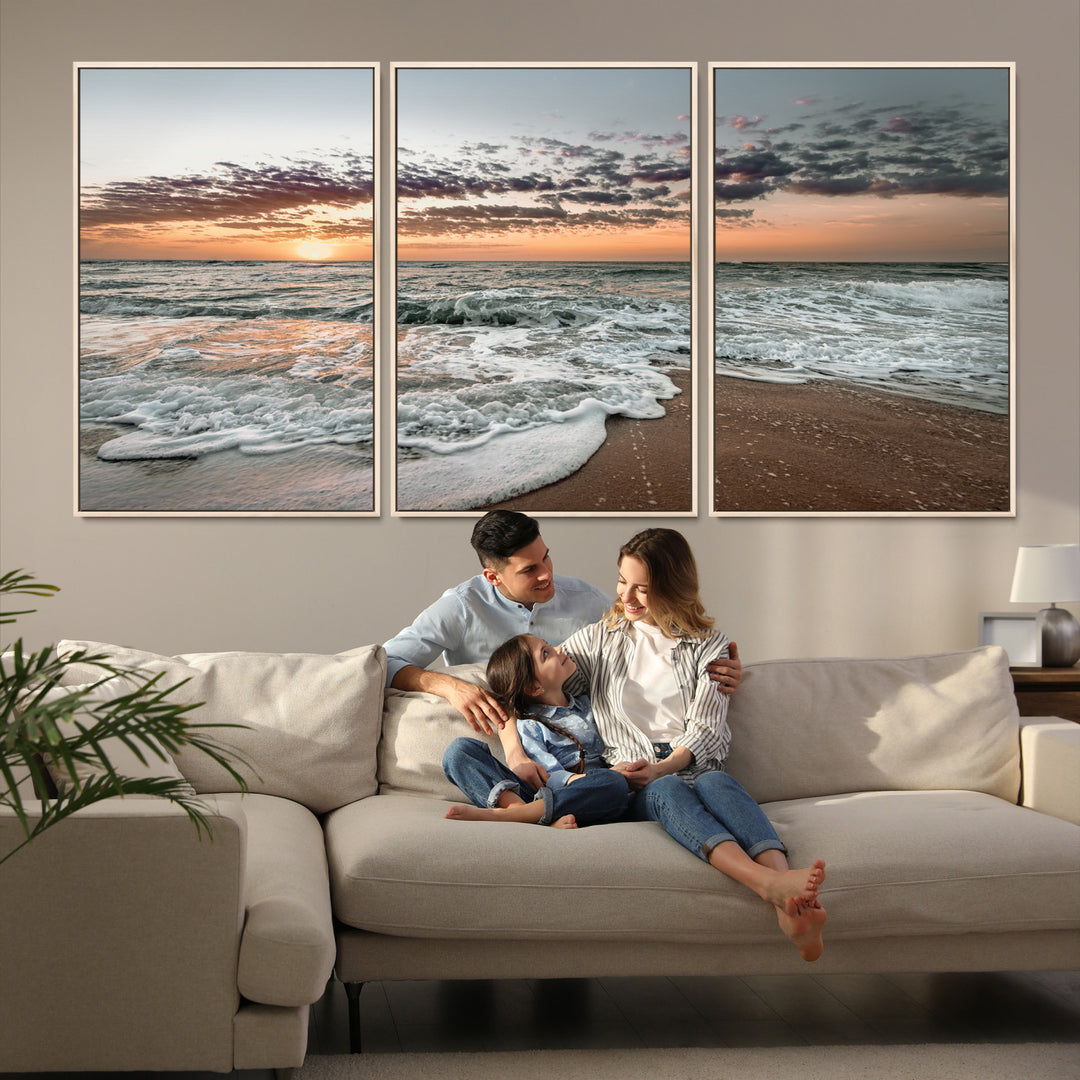40632752-MGV-FC-60X30-3P_Natural-Ocean Sunset Wall Art Canvas Print, Beach Waves Print, Framed Coastal Scene Art Print, Large Seascape Printing Perfect for Coastal Decor