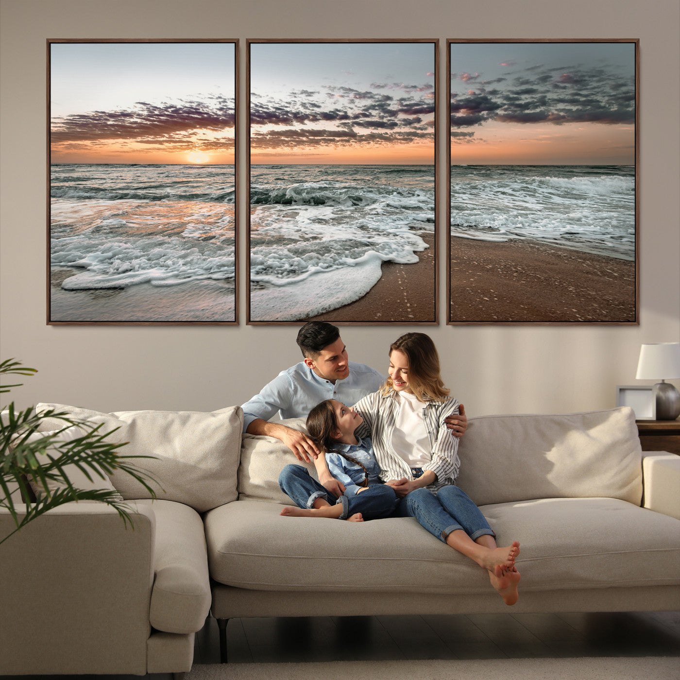40632752-MGV-FC-60X30-3P_Walnut-Ocean Sunset Wall Art Canvas Print, Beach Waves Print, Framed Coastal Scene Art Print, Large Seascape Printing Perfect for Coastal Decor