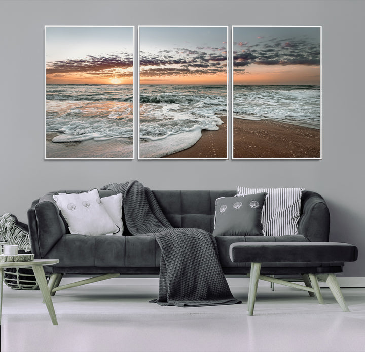 40632752-MGV-FC-60X30-3P_White-Ocean Sunset Wall Art Canvas Print, Beach Waves Print, Framed Coastal Scene Art Print, Large Seascape Printing Perfect for Coastal Decor