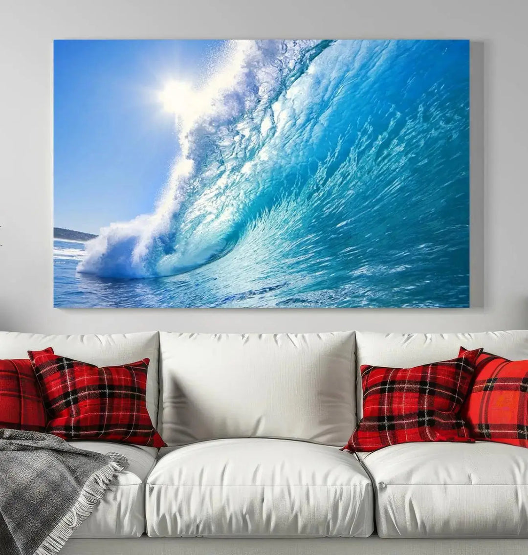 The "Ocean Surfing Wave Wall Art" is a triptych printed on museum-quality canvas with UV-protective coating.