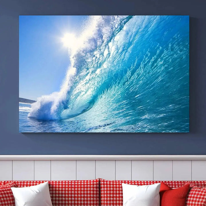 The "Ocean Surfing Wave Wall Art" is a triptych printed on museum-quality canvas with UV-protective coating.