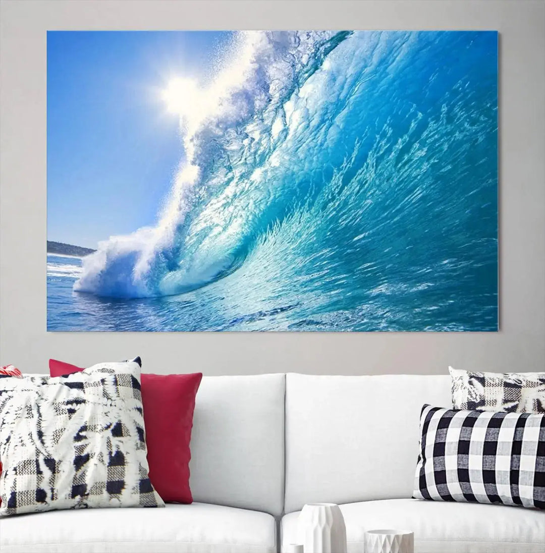 The "Ocean Surfing Wave Wall Art" is a triptych printed on museum-quality canvas with UV-protective coating.