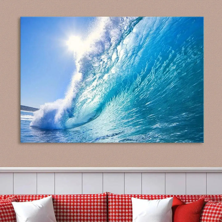 The "Ocean Surfing Wave Wall Art" is a triptych printed on museum-quality canvas with UV-protective coating.