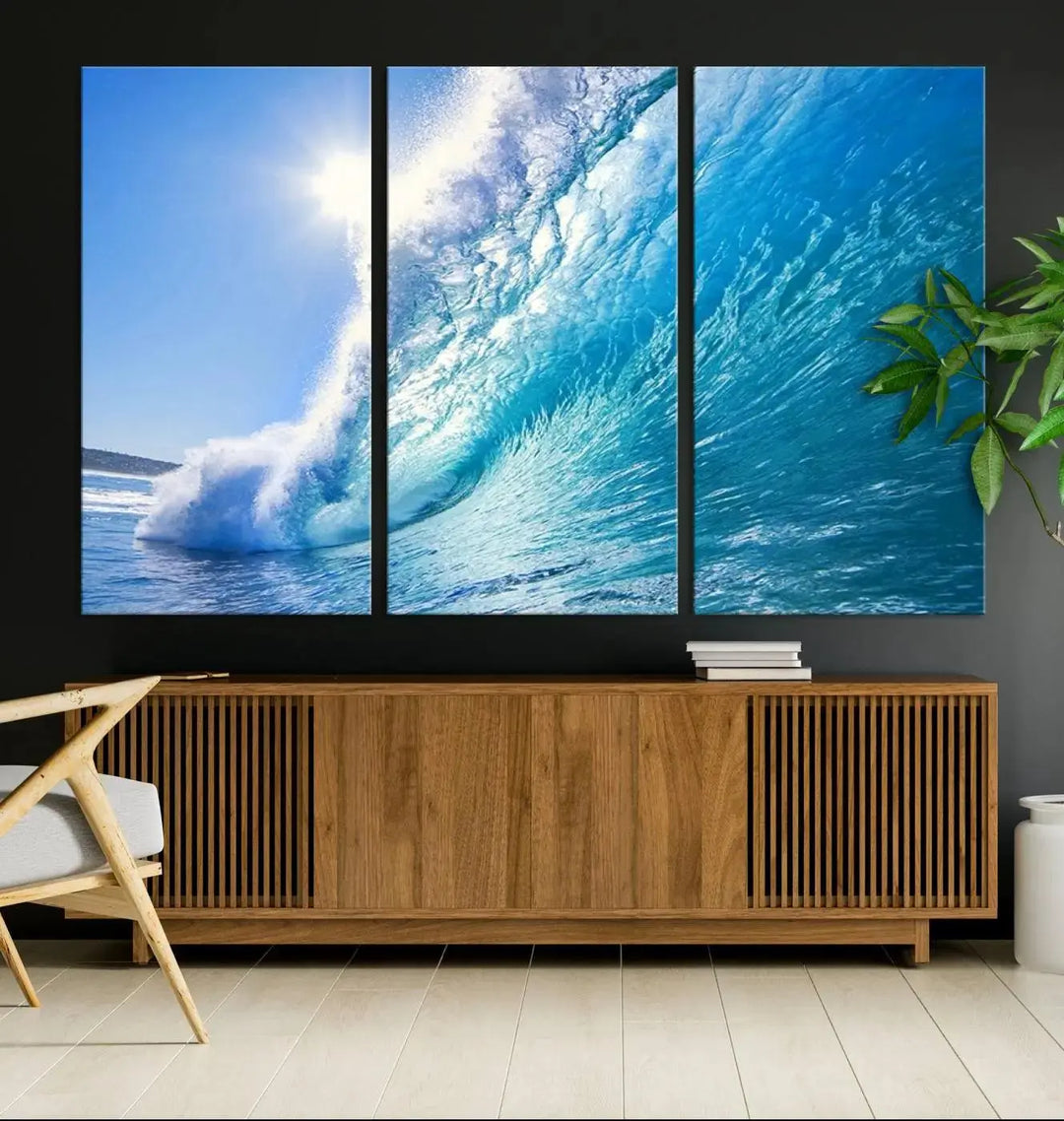 The "Ocean Surfing Wave Wall Art" is a triptych printed on museum-quality canvas with UV-protective coating.