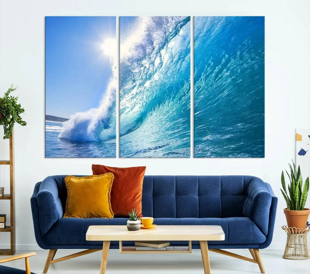 The "Ocean Surfing Wave Wall Art" is a triptych printed on museum-quality canvas with UV-protective coating.