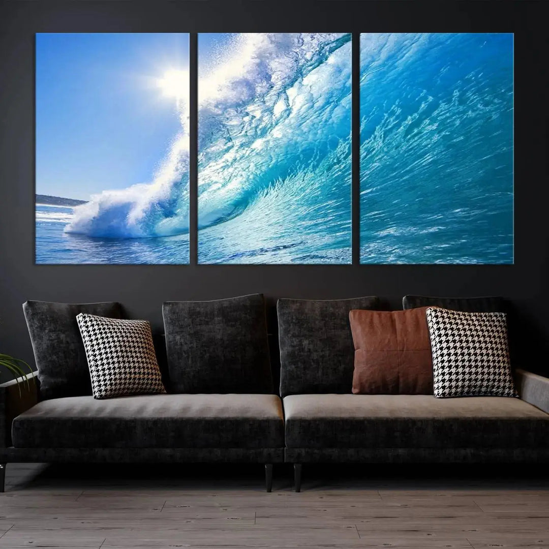 The "Ocean Surfing Wave Wall Art" is a triptych printed on museum-quality canvas with UV-protective coating.