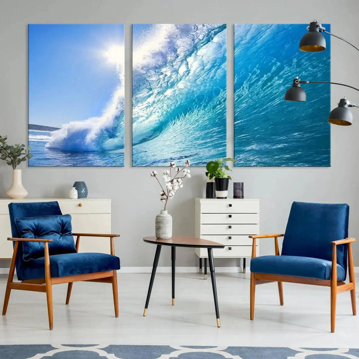 The "Ocean Surfing Wave Wall Art" is a triptych printed on museum-quality canvas with UV-protective coating.