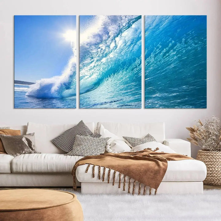 The "Ocean Surfing Wave Wall Art" is a triptych printed on museum-quality canvas with UV-protective coating.