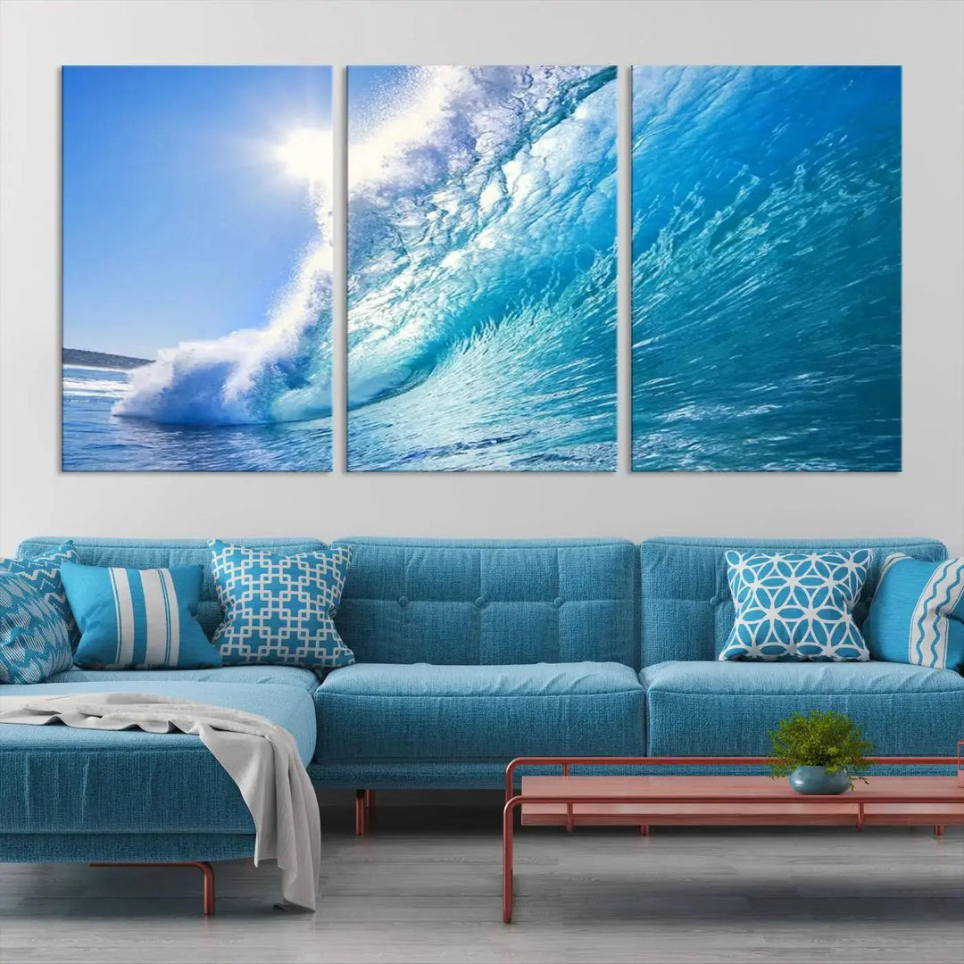 The "Ocean Surfing Wave Wall Art" is a triptych printed on museum-quality canvas with UV-protective coating.