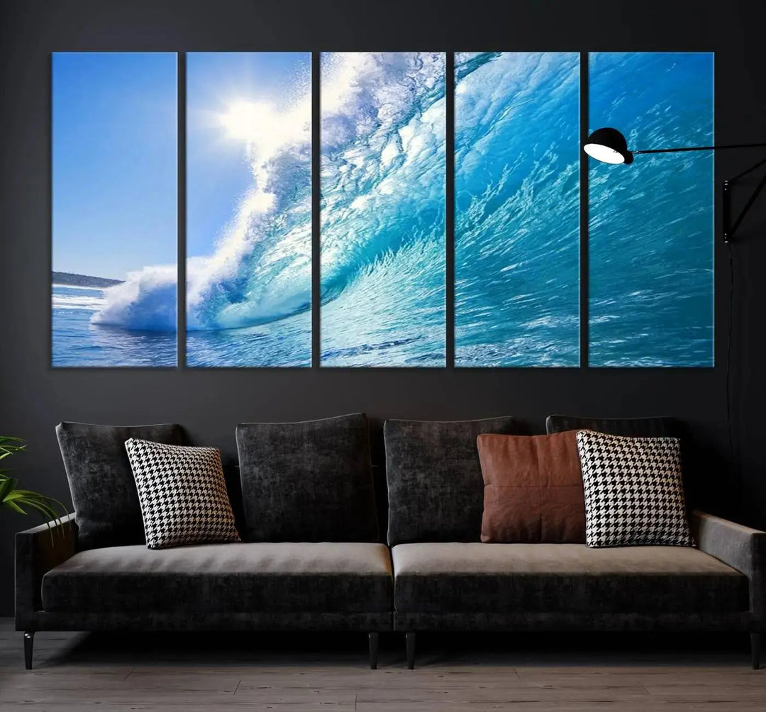 The "Ocean Surfing Wave Wall Art" is a triptych printed on museum-quality canvas with UV-protective coating.