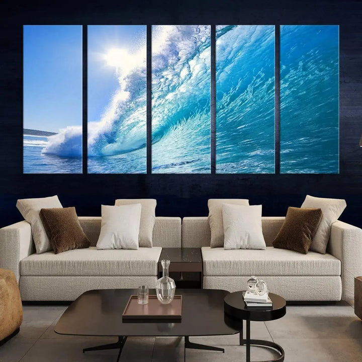 The "Ocean Surfing Wave Wall Art" is a triptych printed on museum-quality canvas with UV-protective coating.