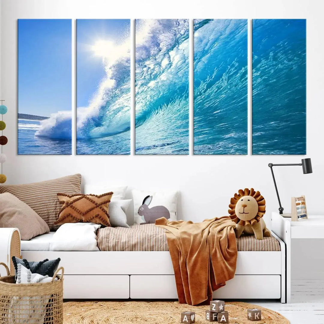 The "Ocean Surfing Wave Wall Art" is a triptych printed on museum-quality canvas with UV-protective coating.