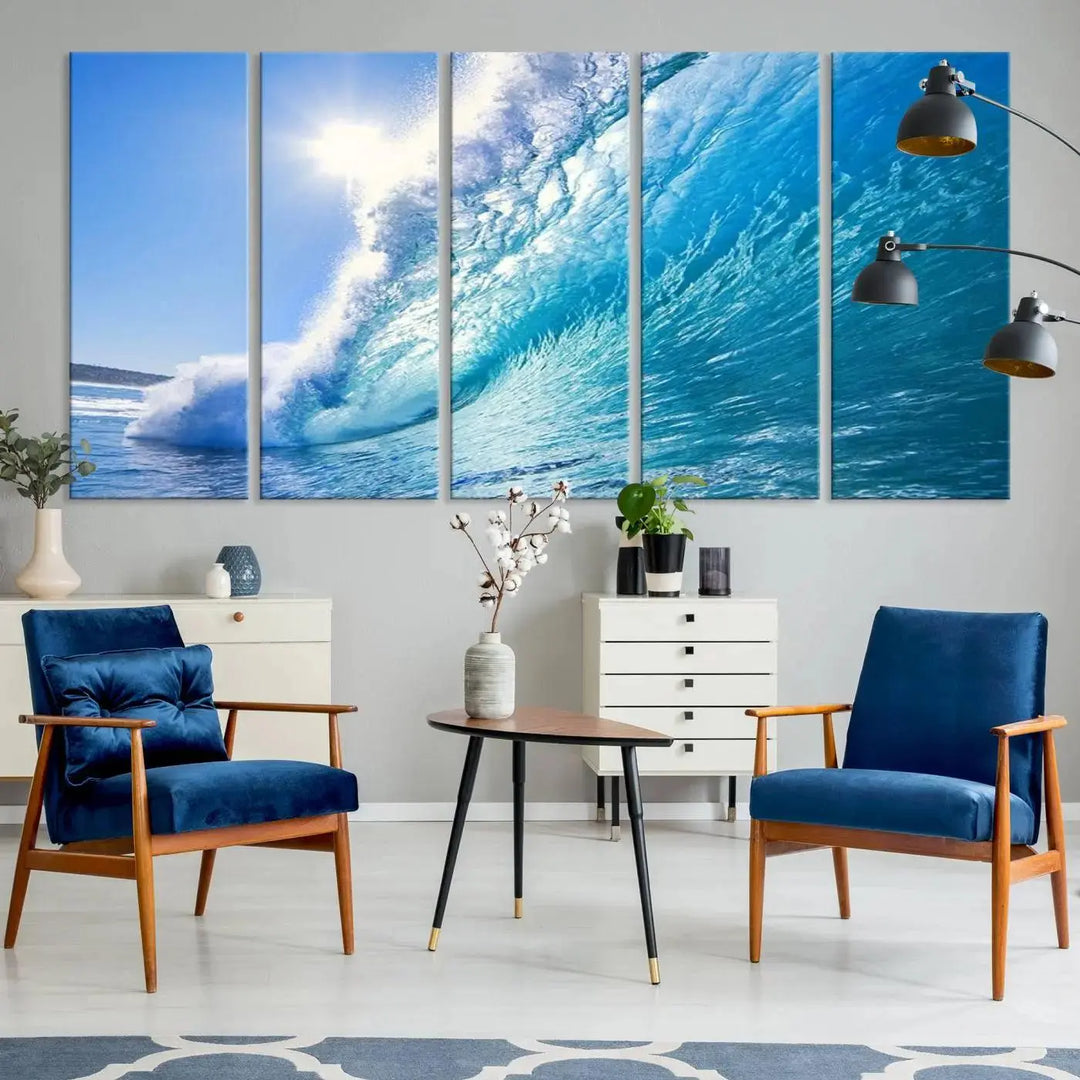 The "Ocean Surfing Wave Wall Art" is a triptych printed on museum-quality canvas with UV-protective coating.