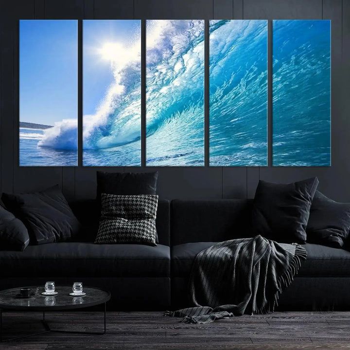 The "Ocean Surfing Wave Wall Art" is a triptych printed on museum-quality canvas with UV-protective coating.